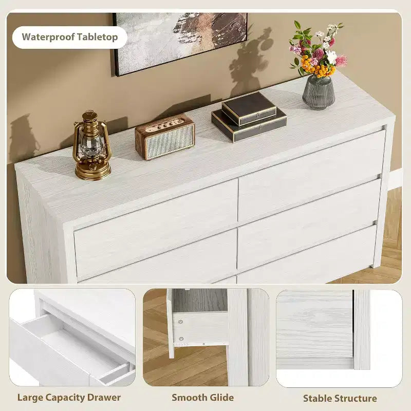 Cómoda de 6 cajones para dormitorio, cómoda de madera ancha sin tiradores, mueble de almacenamiento grande y moderno para sala de estar, pasillo o entrada.