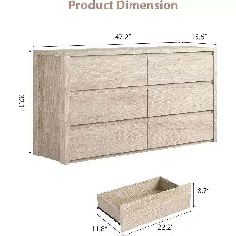 Cómoda de 6 cajones para dormitorio, cómoda de madera ancha sin tiradores, mueble de almacenamiento grande y moderno para sala de estar, pasillo o entrada.