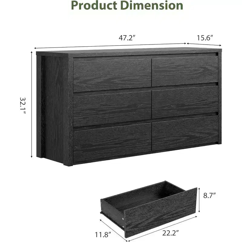Cómoda de 6 cajones para dormitorio, cómoda de madera ancha sin tiradores, mueble de almacenamiento grande y moderno para sala de estar, pasillo o entrada.