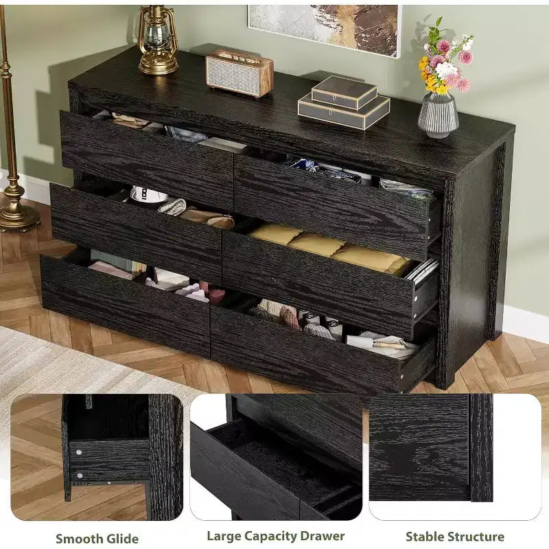 Cómoda de 6 cajones para dormitorio, cómoda de madera ancha sin tiradores, mueble de almacenamiento grande y moderno para sala de estar, pasillo o entrada.