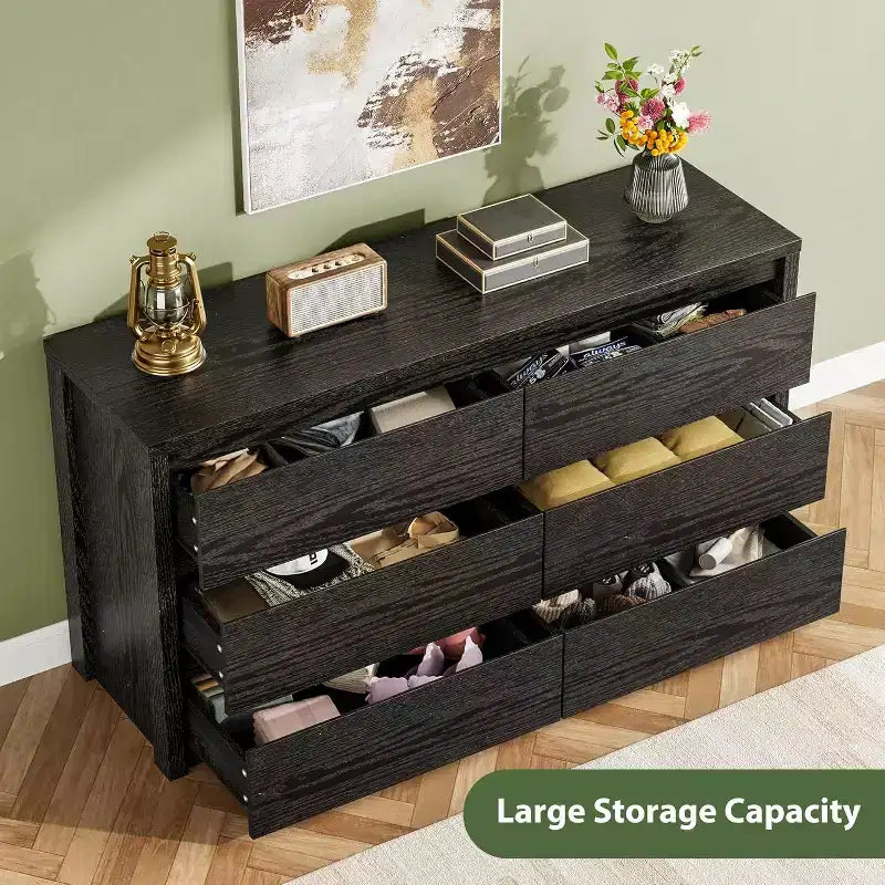 Cómoda de 6 cajones para dormitorio, cómoda de madera ancha sin tiradores, mueble de almacenamiento grande y moderno para sala de estar, pasillo o entrada.