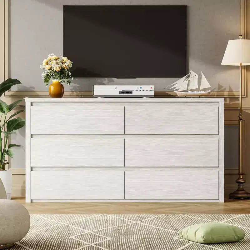 Cómoda de 6 cajones para dormitorio, cómoda de madera ancha sin tiradores, mueble de almacenamiento grande y moderno para sala de estar, pasillo o entrada.