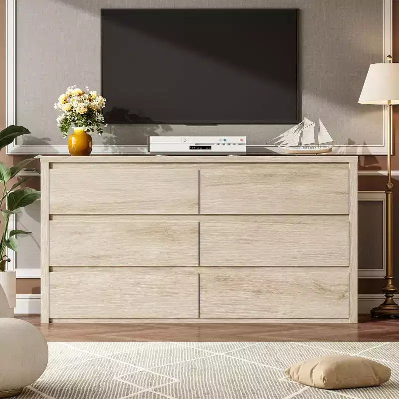 Cómoda de 6 cajones para dormitorio, cómoda de madera ancha sin tiradores, mueble de almacenamiento grande y moderno para sala de estar, pasillo o entrada.