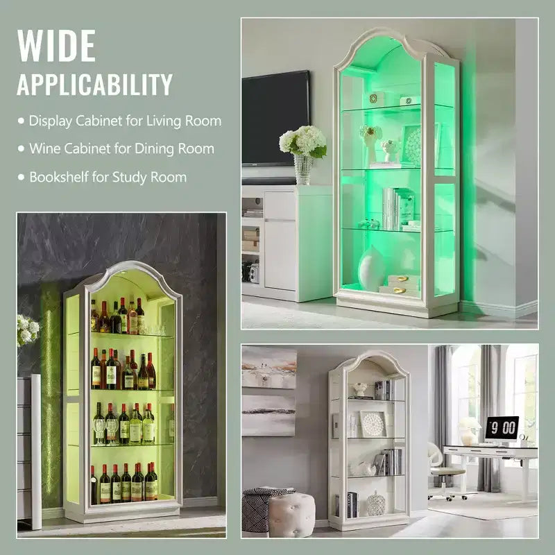 Armario de Cocina con Arco de 72 pulgadas, Vitrina de Vidrio de 4 Niveles con Luces LED de 20 Colores, Estantería Moderna para Sala de Estar