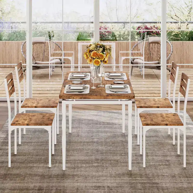 COZONY Juego de Mesa de Comedor de 5 Piezas, Mesa de Cocina y Sillas para 4 de Estilo Industrial, Diseño Rústico Moderno con Patas de Metal, Compacto y Ahorra Espacio