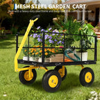 Carro de jardín de acero de 635 kg de alta resistencia, carro de jardín 2 en 1 con laterales de malla extraíbles, neumáticos todo terreno de 13 pulgadas y manija de 180°