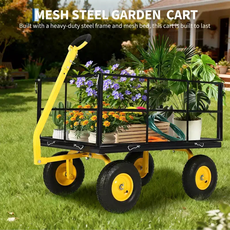 Carro de jardín de acero de 635 kg de alta resistencia, carro de jardín 2 en 1 con laterales de malla extraíbles, neumáticos todo terreno de 13 pulgadas y manija de 180°