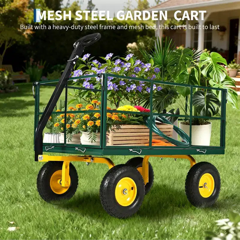 Carro de jardín de acero de 635 kg de alta resistencia, carro de jardín 2 en 1 con laterales de malla extraíbles, neumáticos todo terreno de 13 pulgadas y manija de 180°
