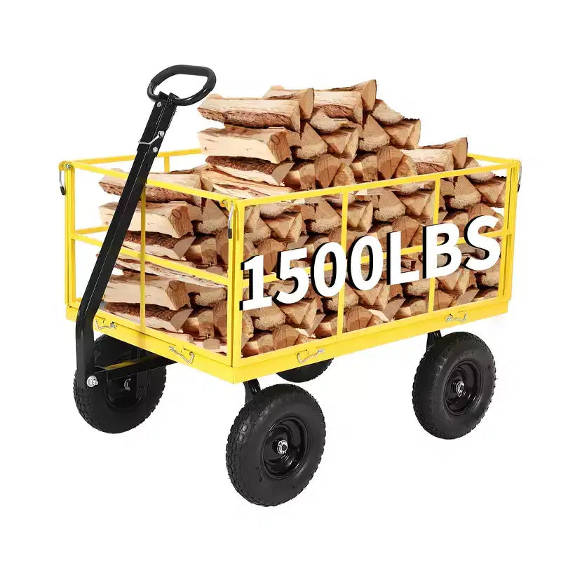 Carro de jardín de acero de 635 kg de alta resistencia, carro de jardín 2 en 1 con laterales de malla extraíbles, neumáticos todo terreno de 13 pulgadas y manija de 180°