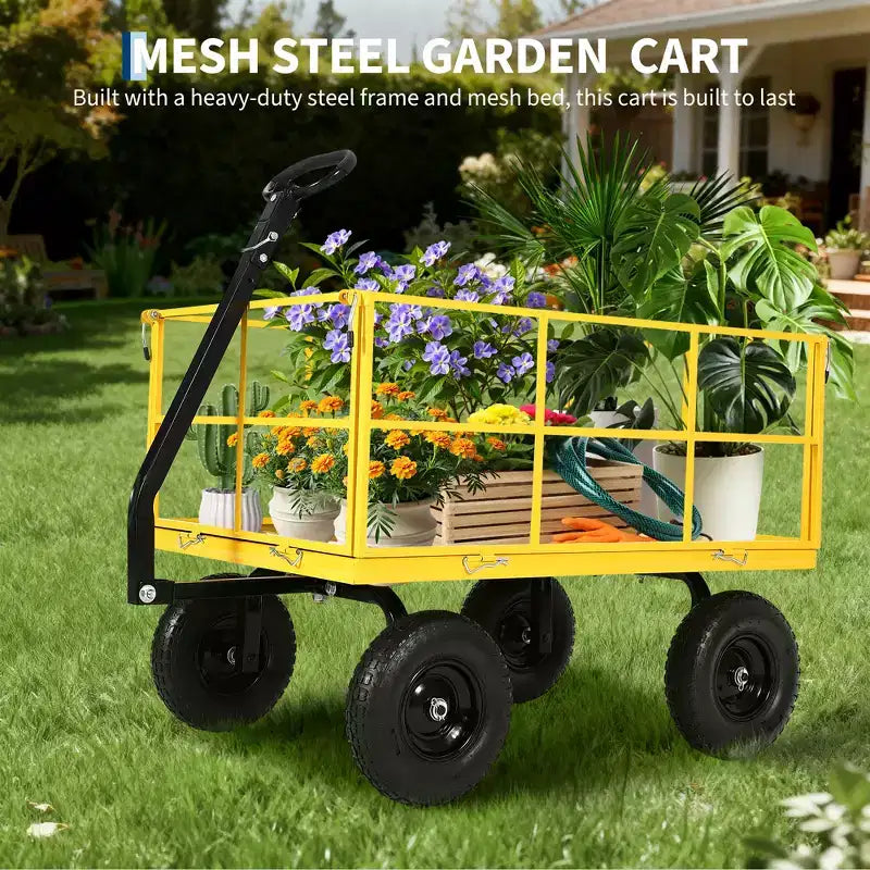 Carro de jardín de acero de 635 kg de alta resistencia, carro de jardín 2 en 1 con laterales de malla extraíbles, neumáticos todo terreno de 13 pulgadas y manija de 180°