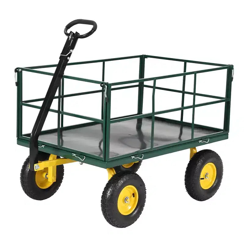 Carro de jardín de acero de 635 kg de alta resistencia, carro de jardín 2 en 1 con laterales de malla extraíbles, neumáticos todo terreno de 13 pulgadas y manija de 180°