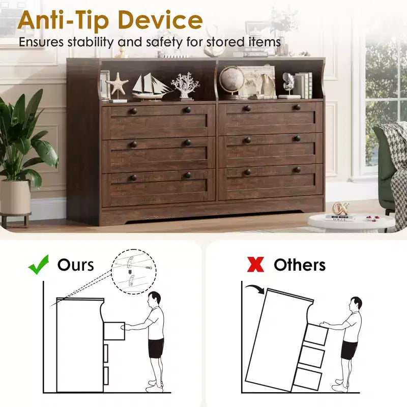 Cómoda de madera, cajonera de 6 cajones de 55 pulgadas de ancho, perfecta para organizar el dormitorio, la sala de estar, el armario y el pasillo