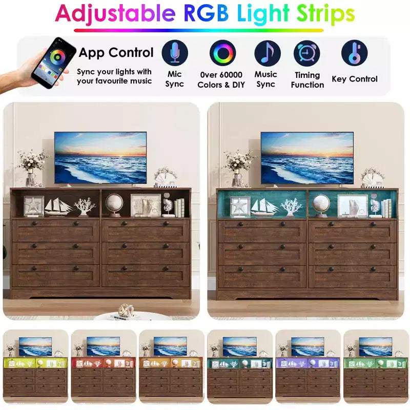 Cómoda de madera, cajonera de 6 cajones de 55 pulgadas de ancho, perfecta para organizar el dormitorio, la sala de estar, el armario y el pasillo