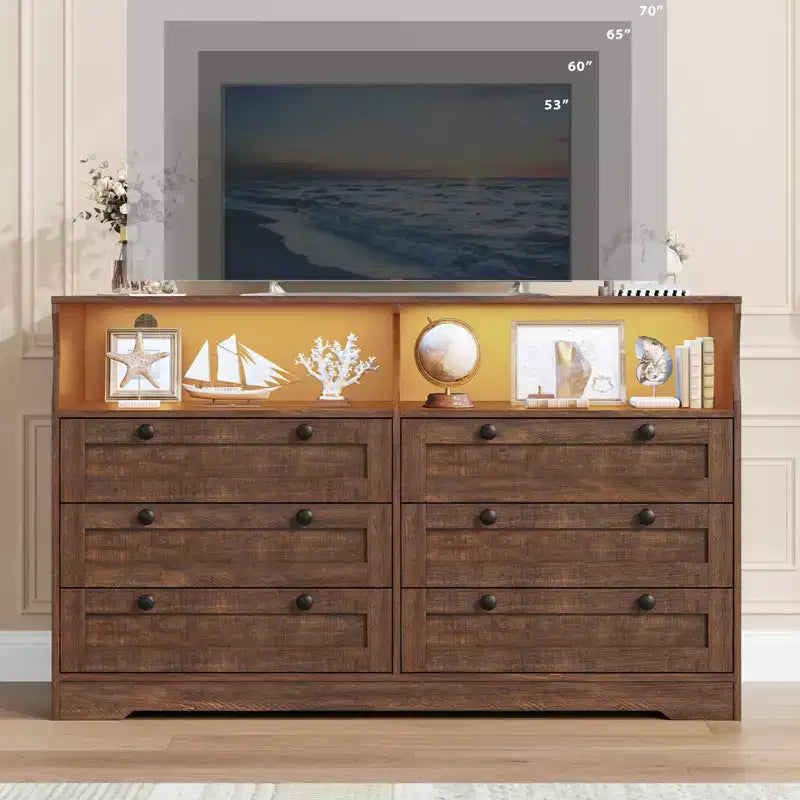 Cómoda de madera, cajonera de 6 cajones de 55 pulgadas de ancho, perfecta para organizar el dormitorio, la sala de estar, el armario y el pasillo