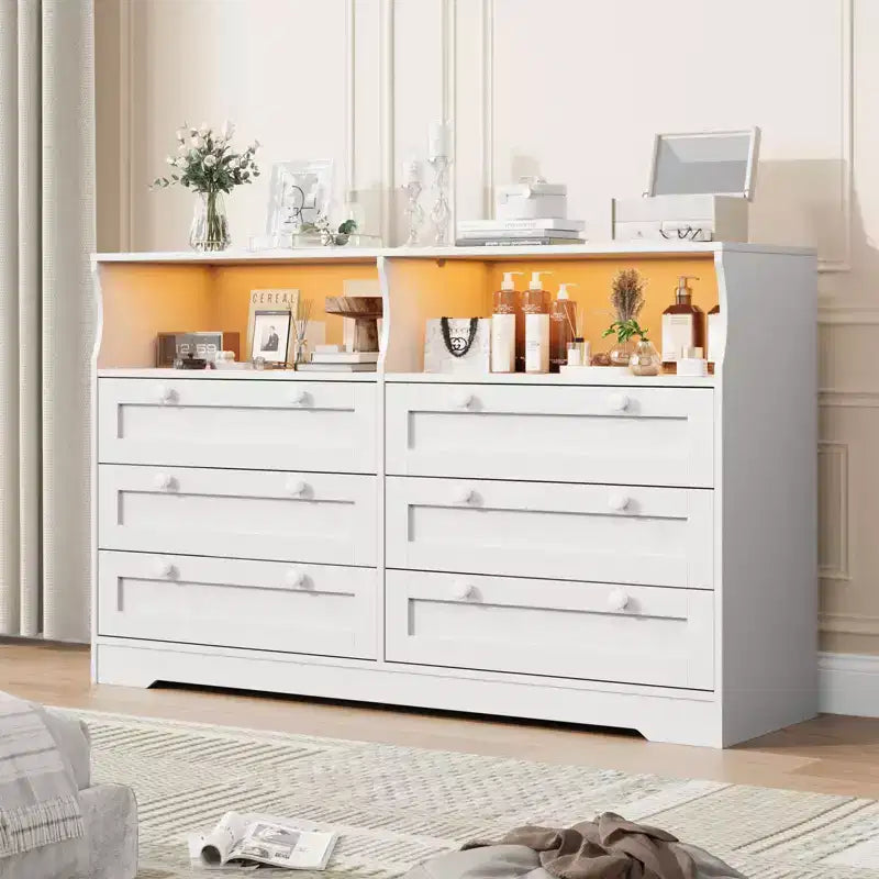 Cómoda de madera, cajonera de 6 cajones de 55 pulgadas de ancho, perfecta para organizar el dormitorio, la sala de estar, el armario y el pasillo
