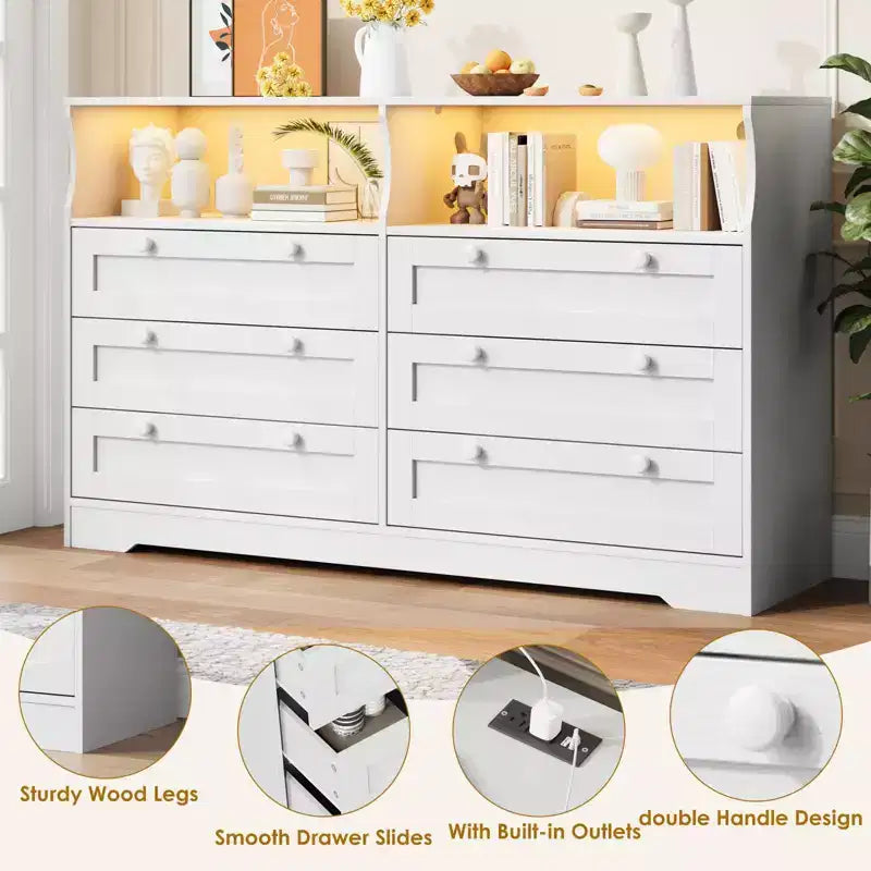 Cómoda de madera, cajonera de 6 cajones de 55 pulgadas de ancho, perfecta para organizar el dormitorio, la sala de estar, el armario y el pasillo