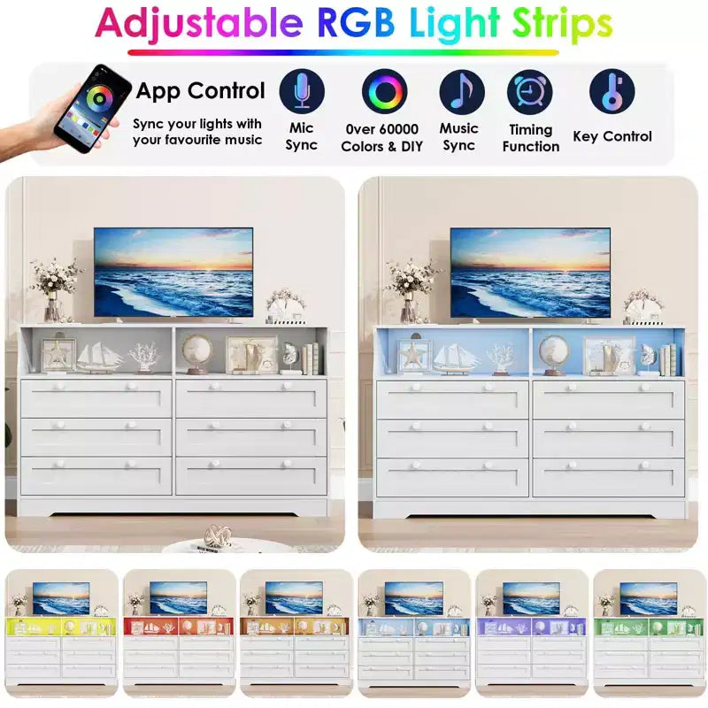 Cómoda de madera, cajonera de 6 cajones de 55 pulgadas de ancho, perfecta para organizar el dormitorio, la sala de estar, el armario y el pasillo