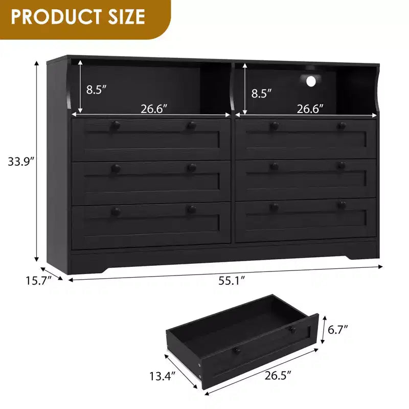 Cómoda de madera, cajonera de 6 cajones de 55 pulgadas de ancho, perfecta para organizar el dormitorio, la sala de estar, el armario y el pasillo