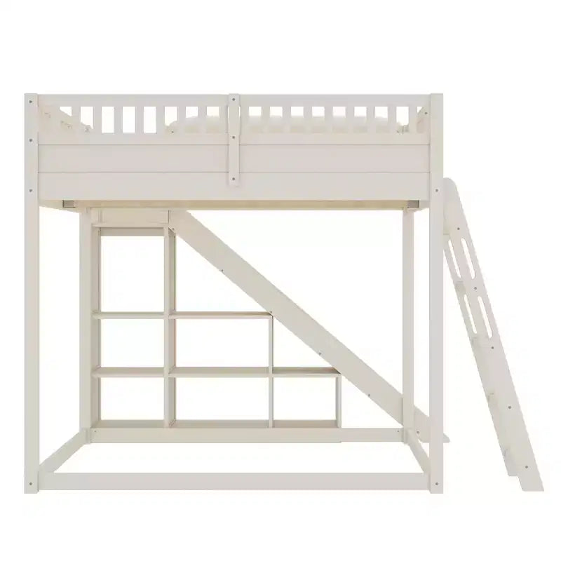 Cama alta Bellemave con cabecero tapizado y estantes de almacenamiento, estructura de cama alta de madera maciza con escalera y tobogán para niños