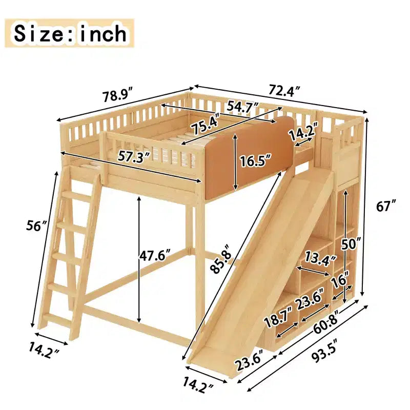 Cama alta Bellemave con cabecero tapizado y estantes de almacenamiento, estructura de cama alta de madera maciza con escalera y tobogán para niños