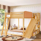 Cama alta Bellemave con cabecero tapizado y estantes de almacenamiento, estructura de cama alta de madera maciza con escalera y tobogán para niños
