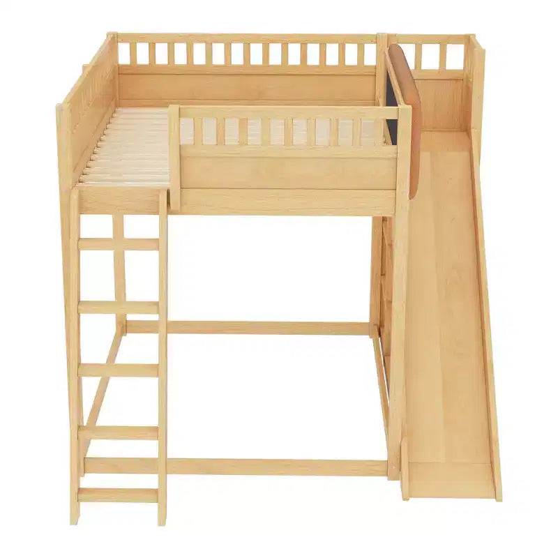 Cama alta Bellemave con cabecero tapizado y estantes de almacenamiento, estructura de cama alta de madera maciza con escalera y tobogán para niños