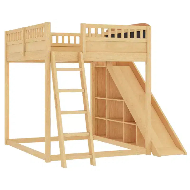 Cama alta Bellemave con cabecero tapizado y estantes de almacenamiento, estructura de cama alta de madera maciza con escalera y tobogán para niños