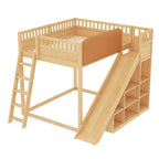 Cama alta Bellemave con cabecero tapizado y estantes de almacenamiento, estructura de cama alta de madera maciza con escalera y tobogán para niños