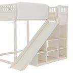 Cama alta Bellemave con cabecero tapizado y estantes de almacenamiento, estructura de cama alta de madera maciza con escalera y tobogán para niños