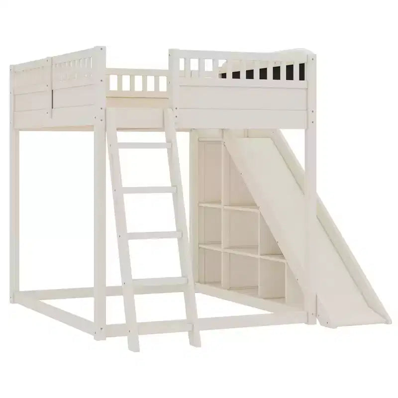 Cama alta Bellemave con cabecero tapizado y estantes de almacenamiento, estructura de cama alta de madera maciza con escalera y tobogán para niños