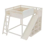 Cama alta Bellemave con cabecero tapizado y estantes de almacenamiento, estructura de cama alta de madera maciza con escalera y tobogán para niños