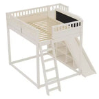 Cama alta Bellemave con cabecero tapizado y estantes de almacenamiento, estructura de cama alta de madera maciza con escalera y tobogán para niños