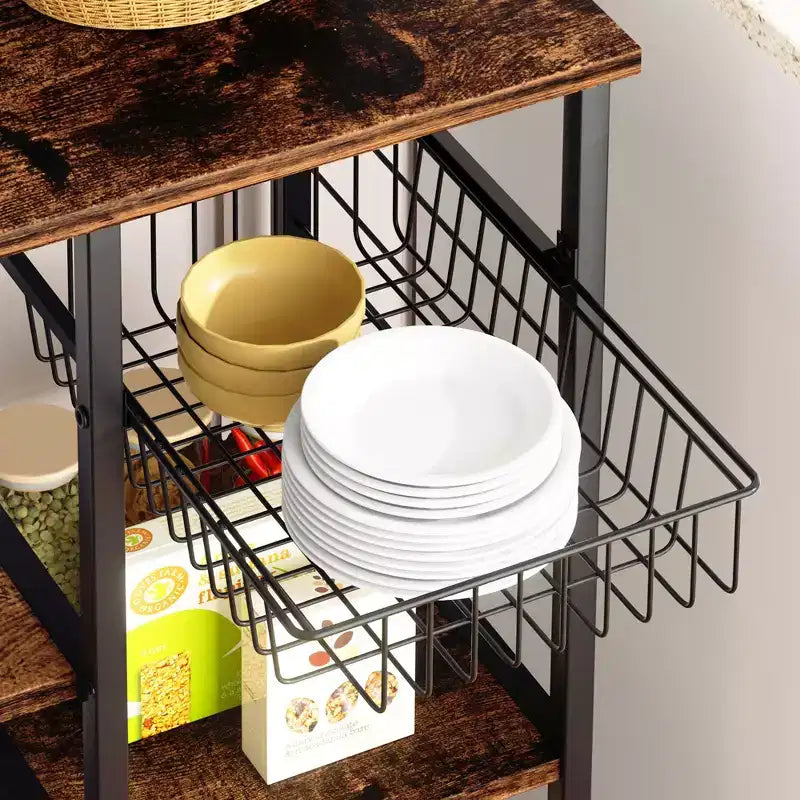 Estantería de panadero Celebalcony con toma de corriente, estantes abiertos de almacenamiento de 34.7 pulgadas con cesta de alambre, soporte de microondas de cocina con 6 ganchos en S