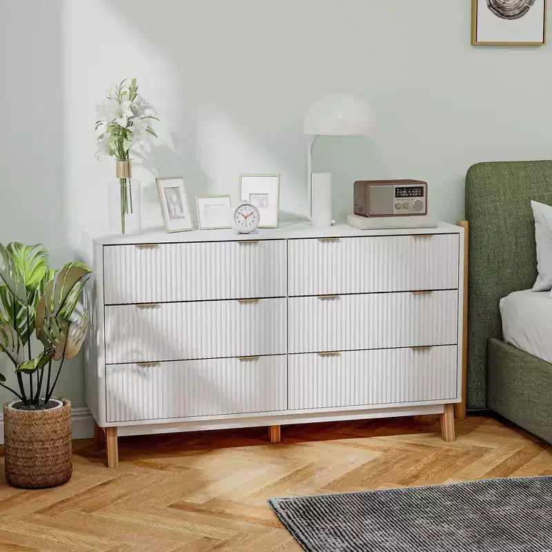 Cómoda doble de 6 cajones para dormitorio, cómoda acanalada con tiradores dorados y 5 patas de madera
