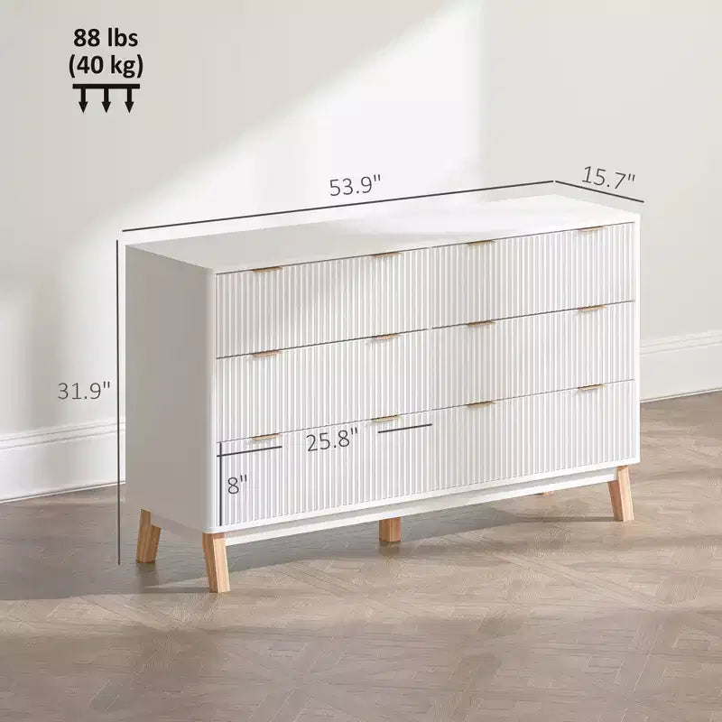 Cómoda doble de 6 cajones para dormitorio, cómoda acanalada con tiradores dorados y 5 patas de madera