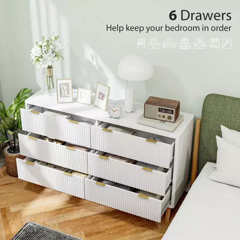 Cómoda doble de 6 cajones para dormitorio, cómoda acanalada con tiradores dorados y 5 patas de madera