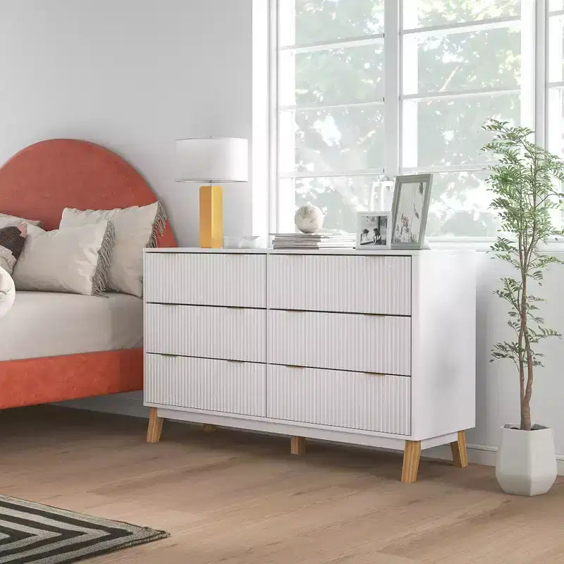 Cómoda doble de 6 cajones para dormitorio, cómoda acanalada con tiradores dorados y 5 patas de madera