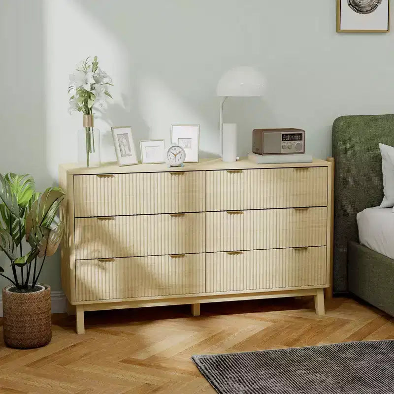Cómoda doble de 6 cajones para dormitorio, cómoda acanalada con tiradores dorados y 5 patas de madera