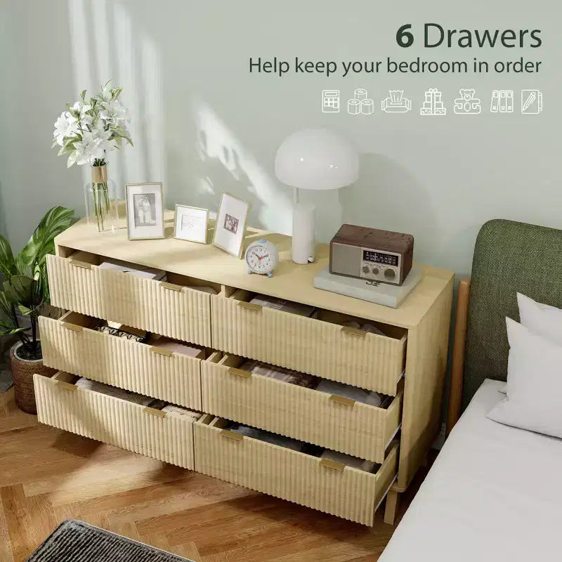 Cómoda doble de 6 cajones para dormitorio, cómoda acanalada con tiradores dorados y 5 patas de madera