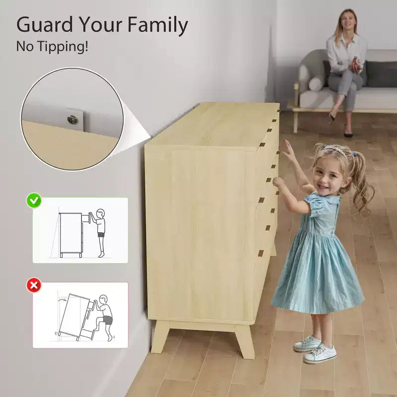 Cómoda doble de 6 cajones para dormitorio, cómoda acanalada con tiradores dorados y 5 patas de madera