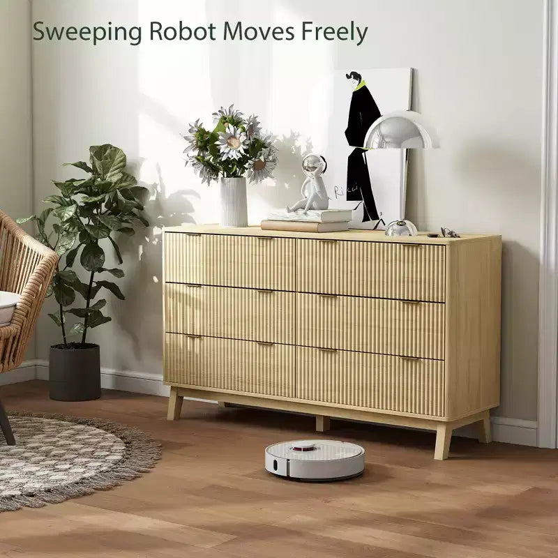 Cómoda doble de 6 cajones para dormitorio, cómoda acanalada con tiradores dorados y 5 patas de madera
