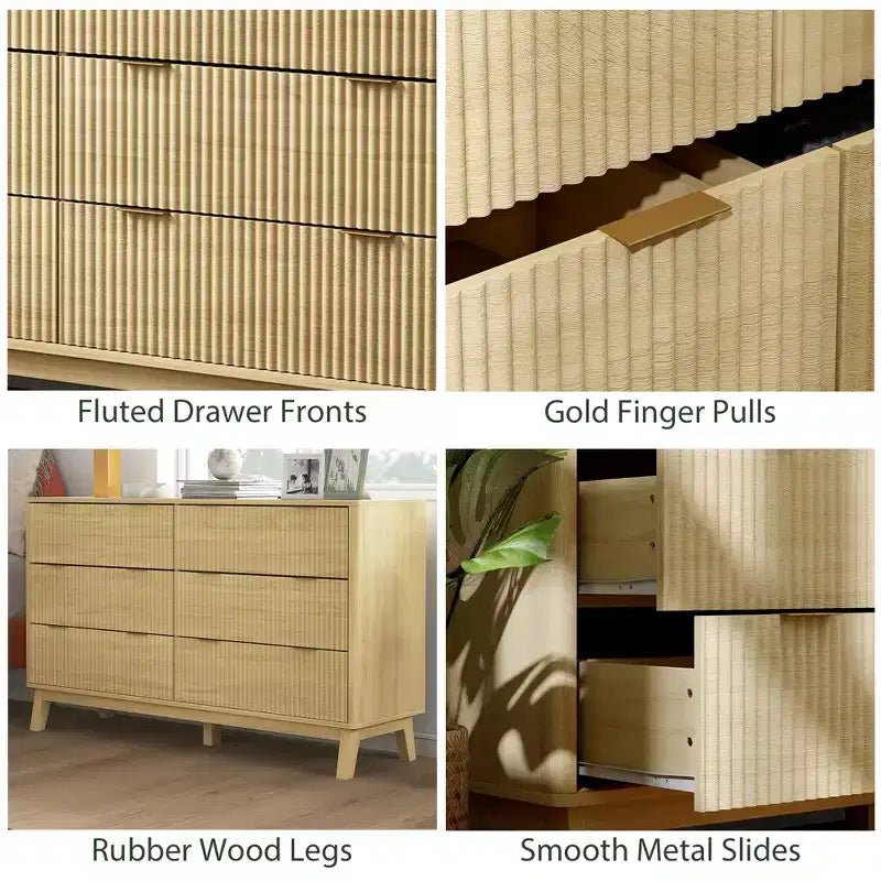 Cómoda doble de 6 cajones para dormitorio, cómoda acanalada con tiradores dorados y 5 patas de madera