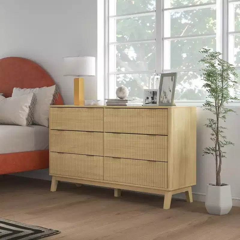 Cómoda doble de 6 cajones para dormitorio, cómoda acanalada con tiradores dorados y 5 patas de madera