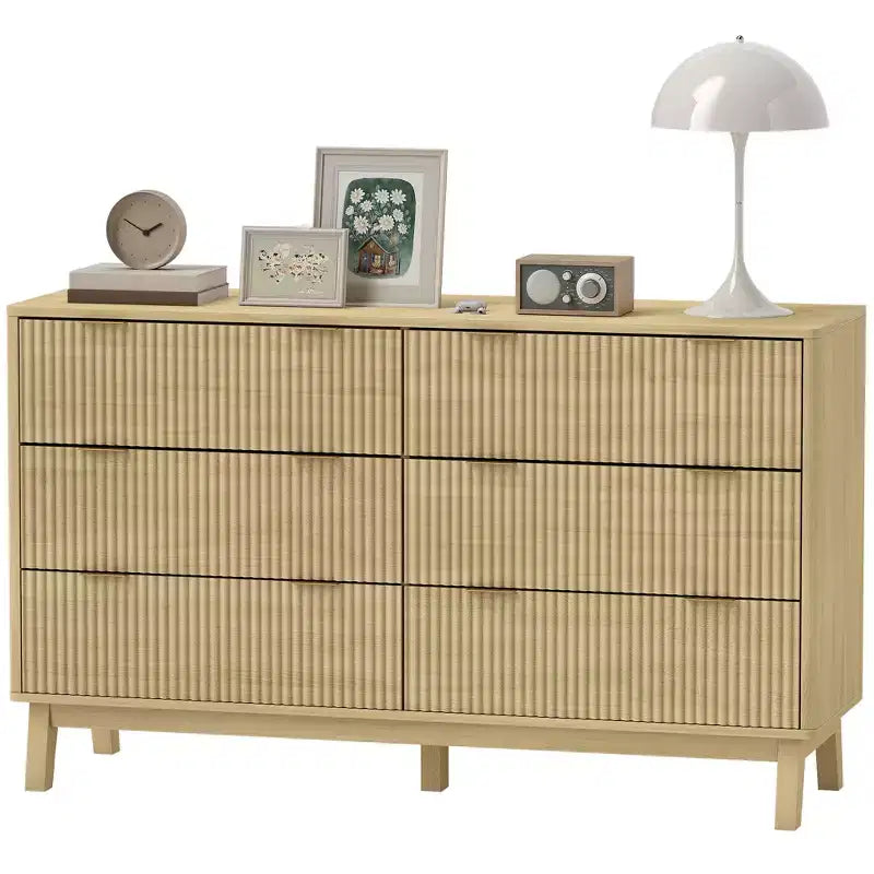 6 Drawer Double Dresser for Bedroom, Fluted Chest of Drawers with Gold Finger Pulls and 5 Wood Legs