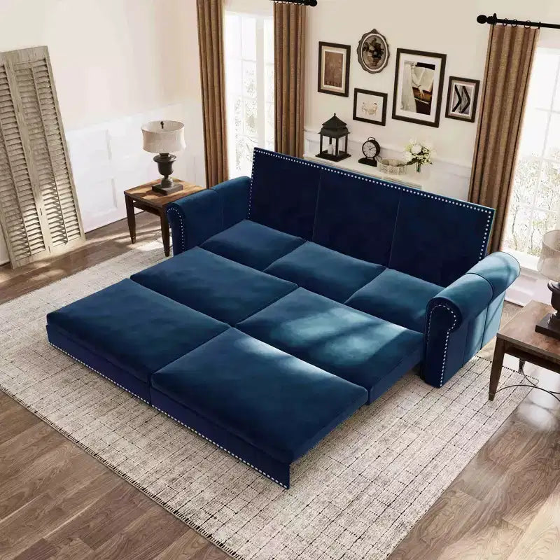 MAYEERTY 93.7 Sofá Cama Extraíble King, Sofá Cama Convertible 3 en 1 de Terciopelo con Tachuelas y Brazos Enrollados Azul