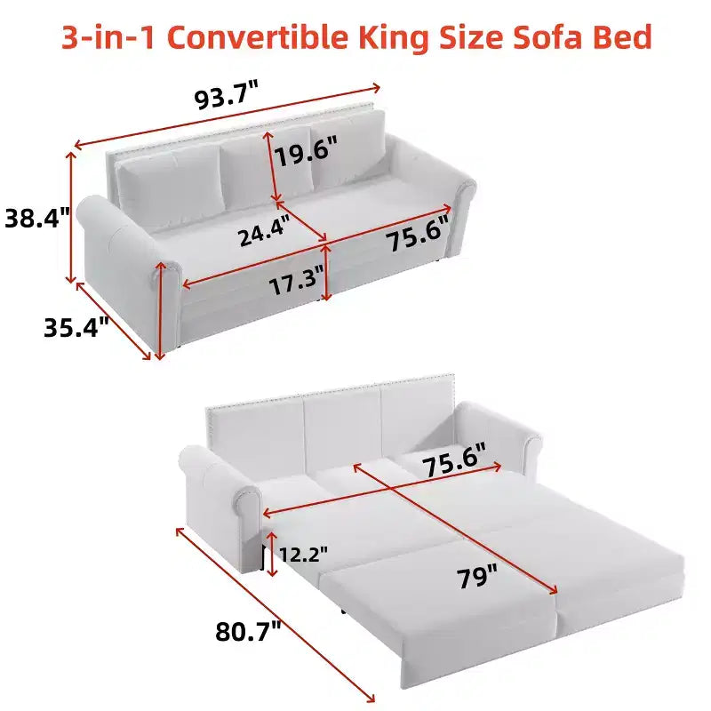 MAYEERTY 93.7 Sofá Cama Extraíble King, Sofá Cama Convertible 3 en 1 de Terciopelo con Tachuelas y Brazos Enrollados Azul