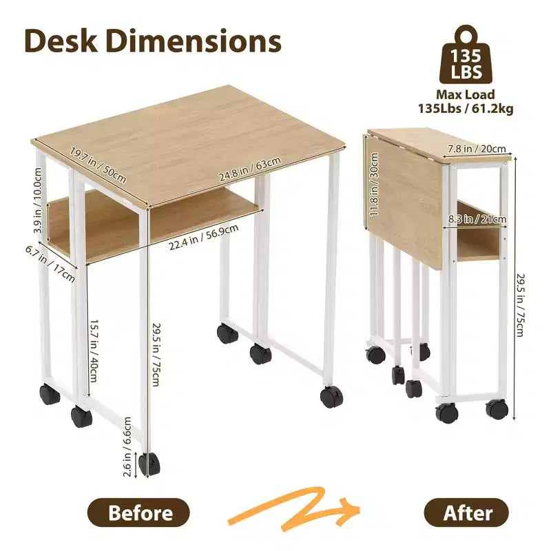 Mesa Plegable Pequeña con Ruedas y Estante de Almacenamiento, Escritorio de Computadora Plegable con Ruedas, Escritorio de Oficina Portátil para Espacios Pequeños, Mesa de Sofá