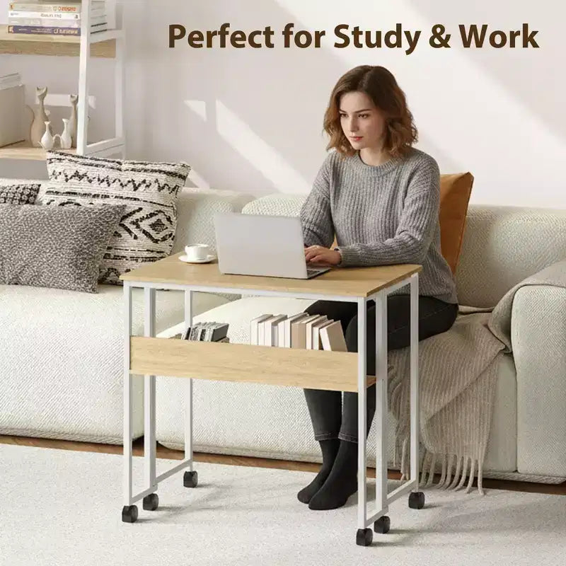 Mesa Plegable Pequeña con Ruedas y Estante de Almacenamiento, Escritorio de Computadora Plegable con Ruedas, Escritorio de Oficina Portátil para Espacios Pequeños, Mesa de Sofá