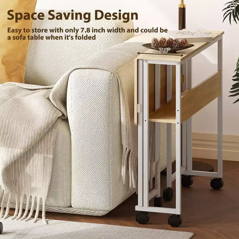 Mesa Plegable Pequeña con Ruedas y Estante de Almacenamiento, Escritorio de Computadora Plegable con Ruedas, Escritorio de Oficina Portátil para Espacios Pequeños, Mesa de Sofá