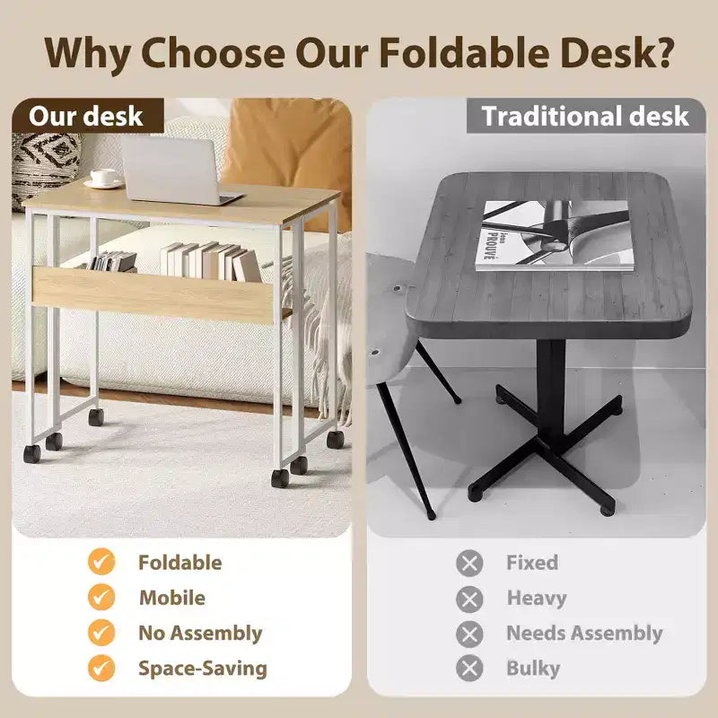 Mesa Plegable Pequeña con Ruedas y Estante de Almacenamiento, Escritorio de Computadora Plegable con Ruedas, Escritorio de Oficina Portátil para Espacios Pequeños, Mesa de Sofá